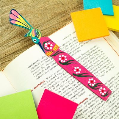 Alternate image for Handmade Floral Bird-Themed Copal Wood Bookmark from Mexico Reading Hummingbird