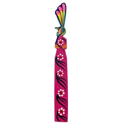 Alternate image for Handmade Floral Bird-Themed Copal Wood Bookmark from Mexico Reading Hummingbird