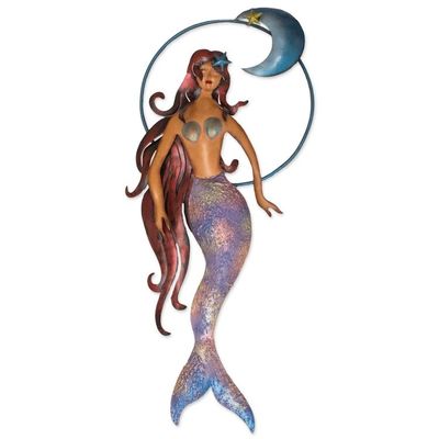 Alternate image for Mexican Mermaid Wall Sculpture Hand Made of Iron Mermaid Moon