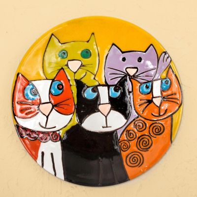 Alternate image for Handcrafted Five Fanciful Cats Ceramic Decorative Plate Cat Fancy