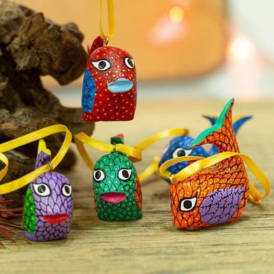 Alternate image for Painted Wood Alebrije Whale Ornaments Set of 5 from Mexico Sweet Whales