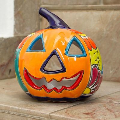 Alternate image for Ceramic Jack-O-Lantern Candle Holder from Mexico Floral Halloween