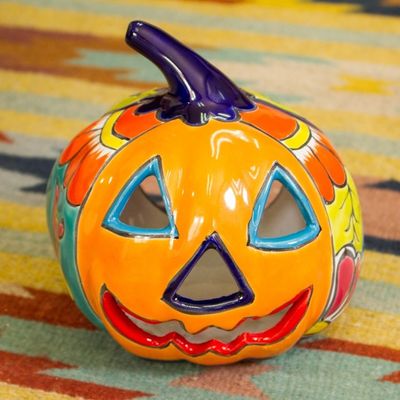 Alternate image for Ceramic Jack-O-Lantern Candle Holder from Mexico Floral Halloween