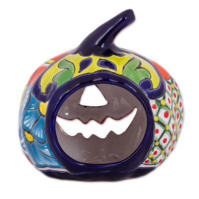 Alternate image for Ceramic Jack-O-Lantern Candle Holder from Mexico Floral Halloween