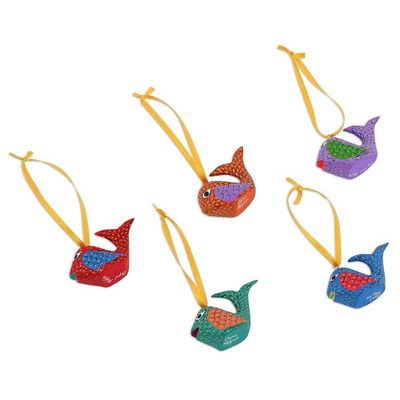 Alternate image for Painted Wood Alebrije Whale Ornaments Set of 5 from Mexico Sweet Whales