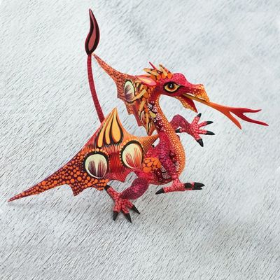 Alternate image for Copal Wood Alebrije Sculpture of Dragon in Red and Orange Mexican Dragon in Red