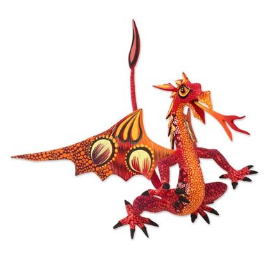 Alternate image for Copal Wood Alebrije Sculpture of Dragon in Red and Orange Mexican Dragon in Red