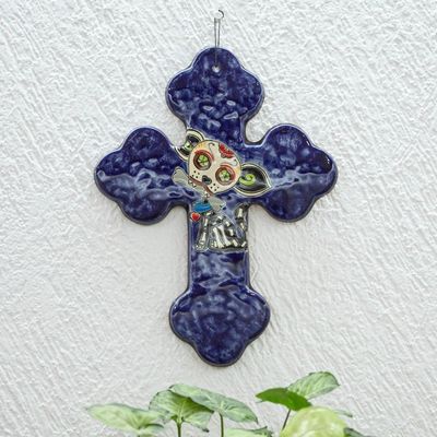 Alternate image for Hand Painted Dog-Themed Ceramic Wall Cross Catrina Pup