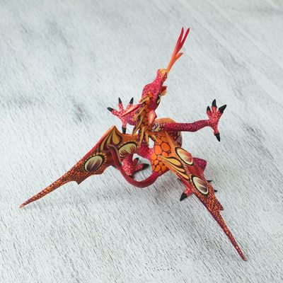 Alternate image for Copal Wood Alebrije Sculpture of Dragon in Red and Orange Mexican Dragon in Red