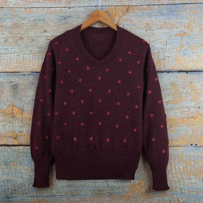 Alternate image for Cordovan 100 Alpaca Sweater with Embroidered Cerise Flowers Cerise Springs