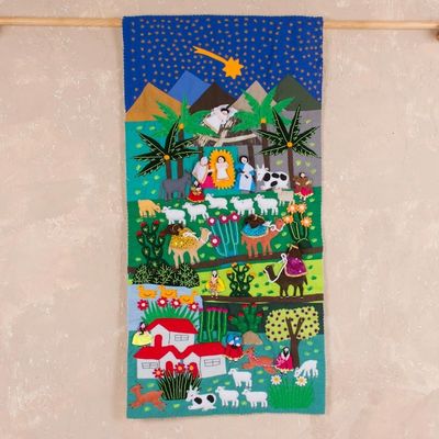 Alternate image for Hand Crafted Religious Applique Tapestry Wall Hanging Nativity Scene