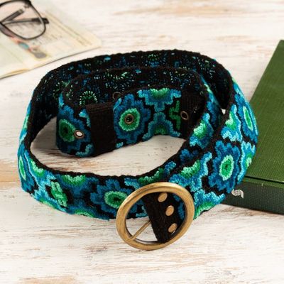 Alternate image for Chakana-Themed Turquoise and Green Embroidered Wool Belt Turquoise Worlds