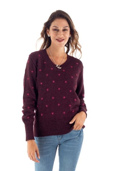 Alternate image for Cordovan 100 Alpaca Sweater with Embroidered Cerise Flowers Cerise Springs