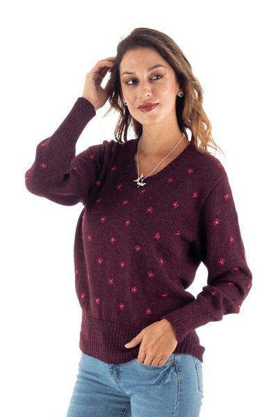 Alternate image for Cordovan 100 Alpaca Sweater with Embroidered Cerise Flowers Cerise Springs