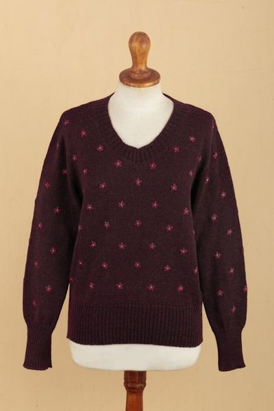 Alternate image for Cordovan 100 Alpaca Sweater with Embroidered Cerise Flowers Cerise Springs