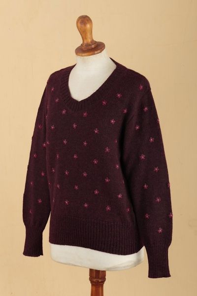 Alternate image for Cordovan 100 Alpaca Sweater with Embroidered Cerise Flowers Cerise Springs
