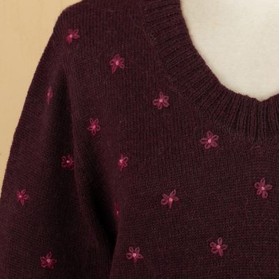 Alternate image for Cordovan 100 Alpaca Sweater with Embroidered Cerise Flowers Cerise Springs