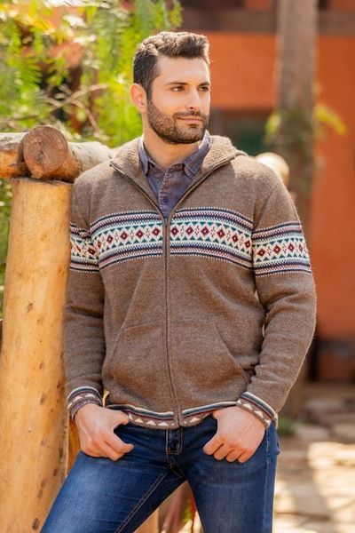 Alternate image for Mens 100 Alpaca Brown Geometric Hoodie Jacket from Peru Aventura