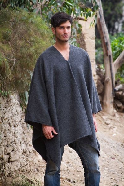 Alternate image for V-neck Poncho for Men Artisan Crafted in Peru Inca Explorer in Gray