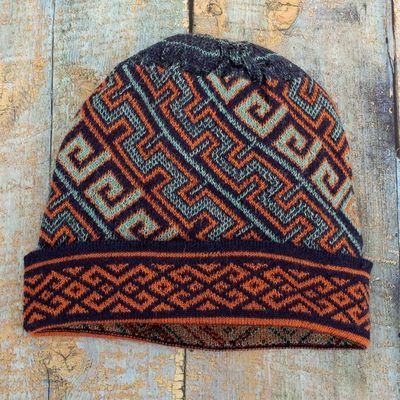 Alternate image for Unisex 100 Baby Alpaca Knit Hat in Aqua and Orange Andean Style