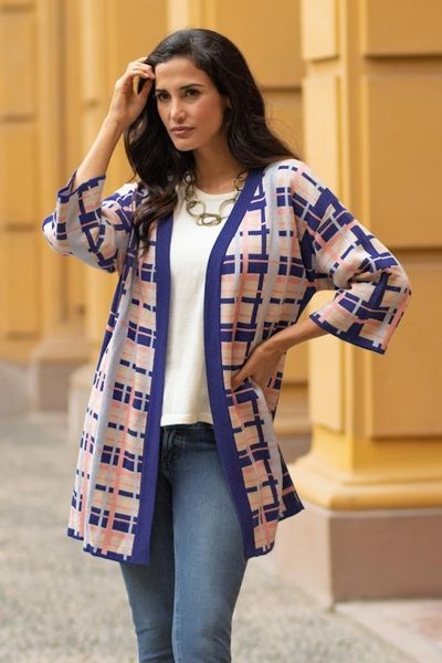 Alternate image for Hand Made Cotton Blend Plaid Knit Kimono Top from Peru Melon Spring