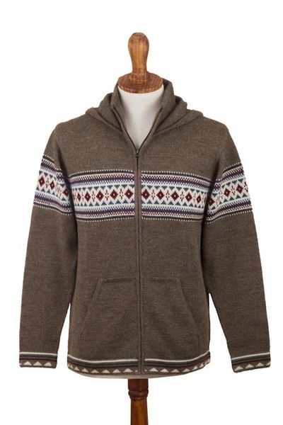 Alternate image for Mens 100 Alpaca Brown Geometric Hoodie Jacket from Peru Aventura