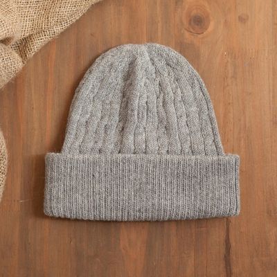 Alternate image for Soft Smoky Grey 100 Alpaca Cable Knit Hat from Peru Comfy in Grey