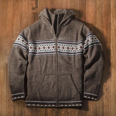 Alternate image for Mens 100 Alpaca Brown Geometric Hoodie Jacket from Peru Aventura