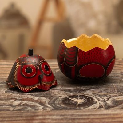 Alternate image for Dried Mate Gourd Box Painted in an Owl Motif from Peru Paunchy Red Owl