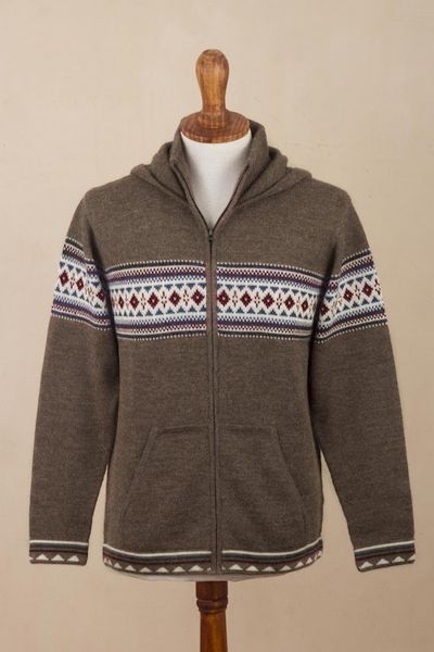 Alternate image for Mens 100 Alpaca Brown Geometric Hoodie Jacket from Peru Aventura