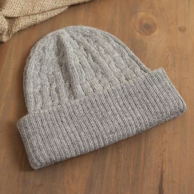 Alternate image for Soft Smoky Grey 100 Alpaca Cable Knit Hat from Peru Comfy in Grey