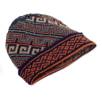 Alternate image for Unisex 100 Baby Alpaca Knit Hat in Aqua and Orange Andean Style