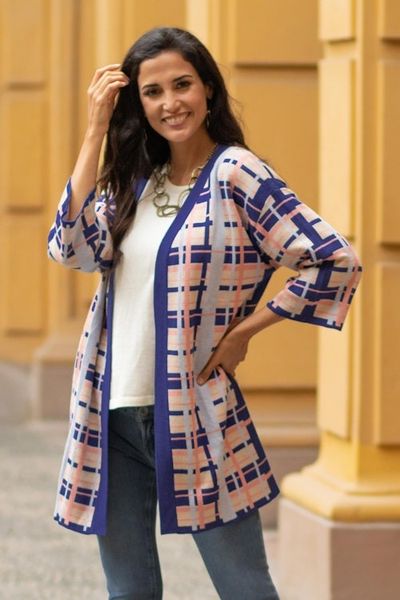 Alternate image for Hand Made Cotton Blend Plaid Knit Kimono Top from Peru Melon Spring