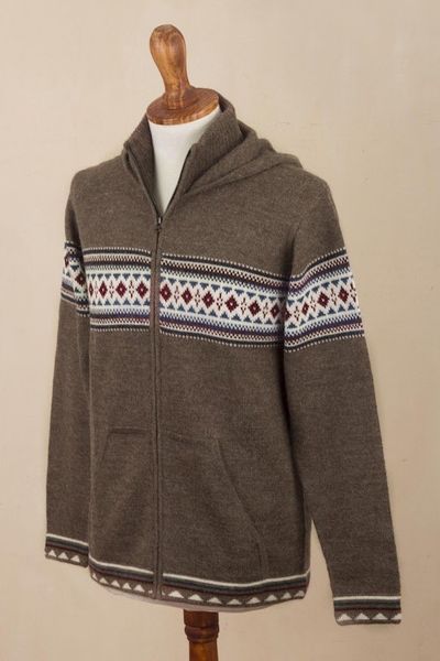 Alternate image for Mens 100 Alpaca Brown Geometric Hoodie Jacket from Peru Aventura