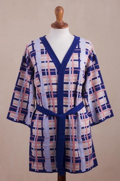 Alternate image for Hand Made Cotton Blend Plaid Knit Kimono Top from Peru Melon Spring