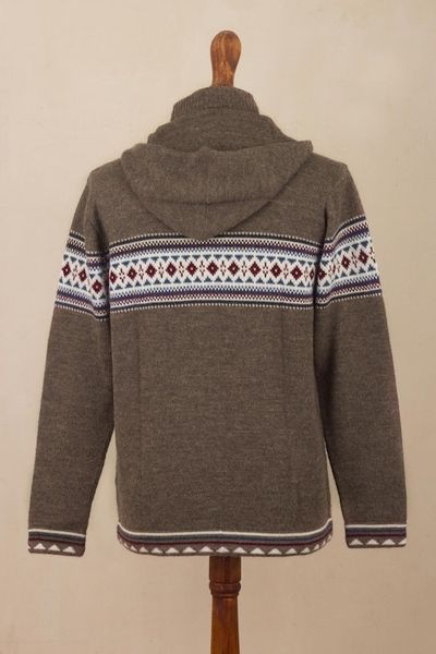 Alternate image for Mens 100 Alpaca Brown Geometric Hoodie Jacket from Peru Aventura
