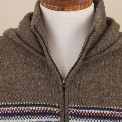 Alternate image for Mens 100 Alpaca Brown Geometric Hoodie Jacket from Peru Aventura