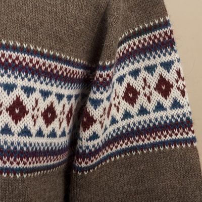 Alternate image for Mens 100 Alpaca Brown Geometric Hoodie Jacket from Peru Aventura