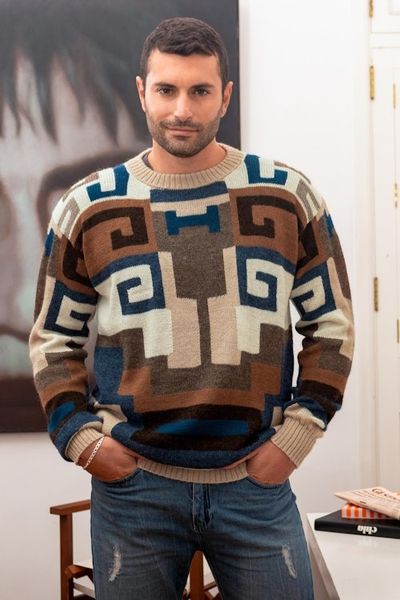 Alternate image for Intarsia Knit Alpaca Wool Mens Sweater Chavin Geometry