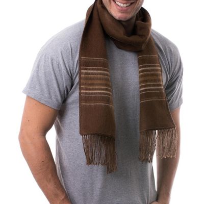 Alternate image for Mens Artisan Crafted Woven Brown Alpaca Blend Scarf Andean Clouds in Brown