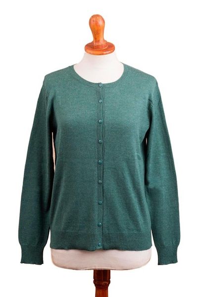 Alternate image for Cotton Blend Green Cardigan Sweater from Peru Simple Style in Jade