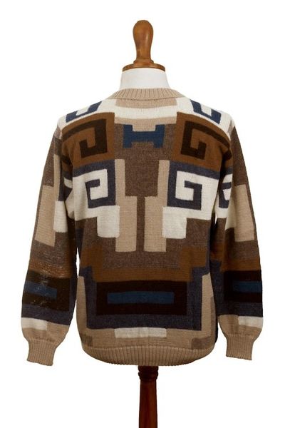 Alternate image for Intarsia Knit Alpaca Wool Mens Sweater Chavin Geometry