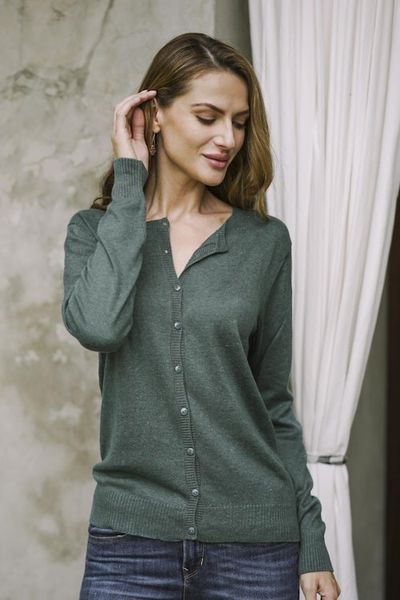 Alternate image for Cotton Blend Green Cardigan Sweater from Peru Simple Style in Jade