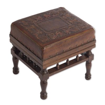 Alternate image for Artisan Crafted Wood and Leather Square Stool from Peru Birds Among the Vines