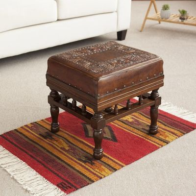 Alternate image for Artisan Crafted Wood and Leather Square Stool from Peru Birds Among the Vines