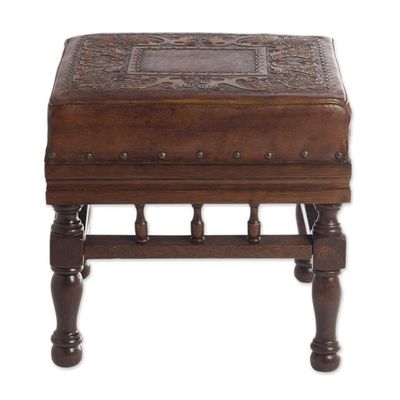 Alternate image for Artisan Crafted Wood and Leather Square Stool from Peru Birds Among the Vines