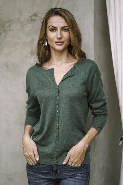 Alternate image for Cotton Blend Green Cardigan Sweater from Peru Simple Style in Jade