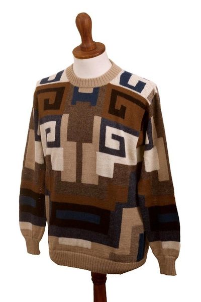 Alternate image for Intarsia Knit Alpaca Wool Mens Sweater Chavin Geometry