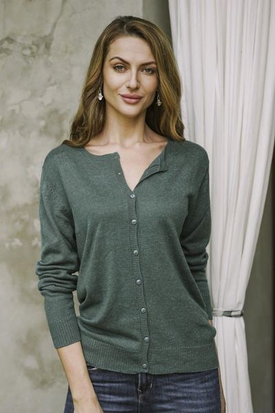 Alternate image for Cotton Blend Green Cardigan Sweater from Peru Simple Style in Jade