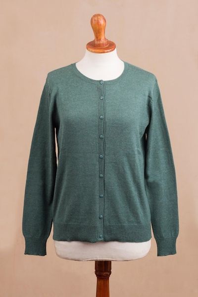 Alternate image for Cotton Blend Green Cardigan Sweater from Peru Simple Style in Jade